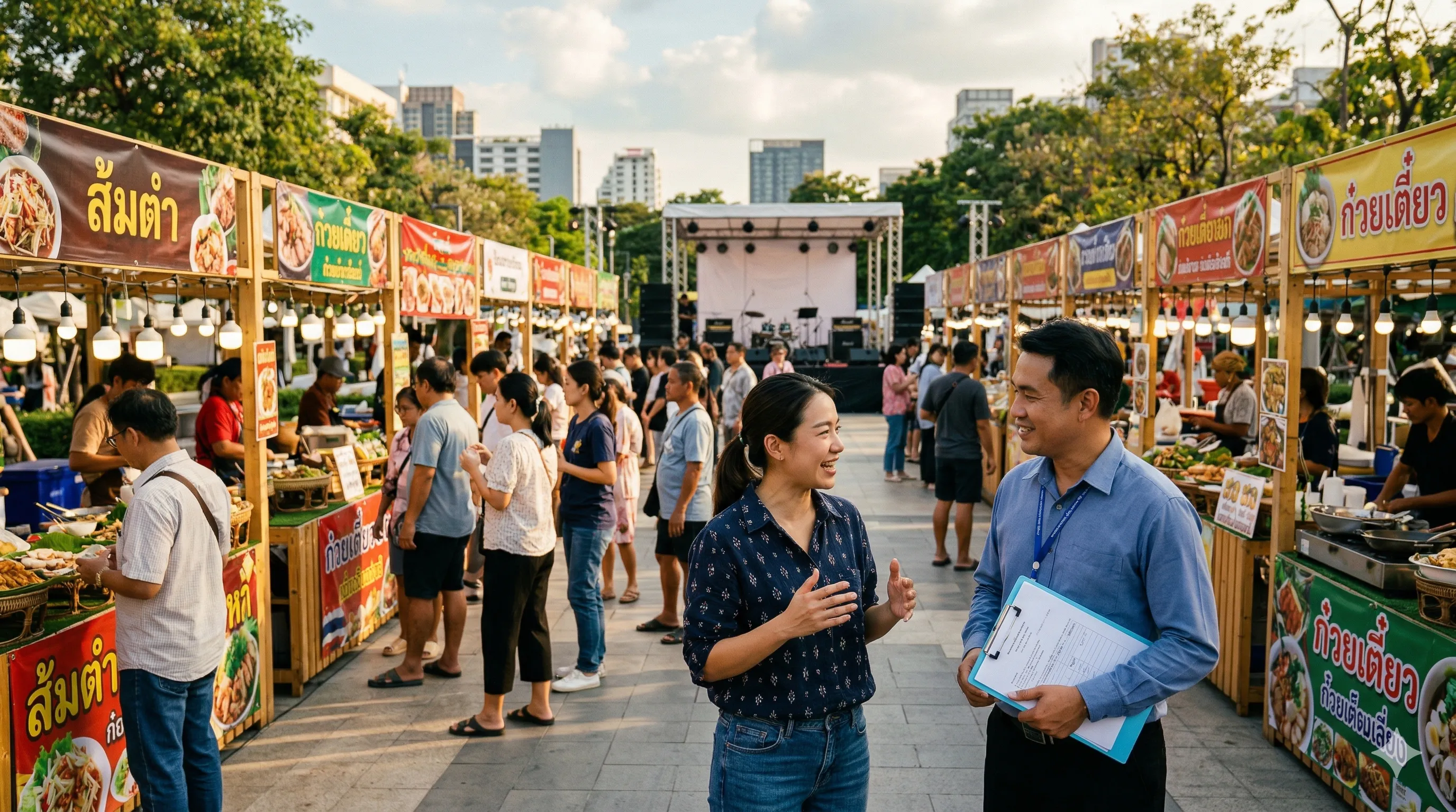 เจ้าของร้านคุยกับเจ้าหน้าที่ในงานอีเวนต์ตลาดนัดกลางแจ้งในกรุงเทพฯ