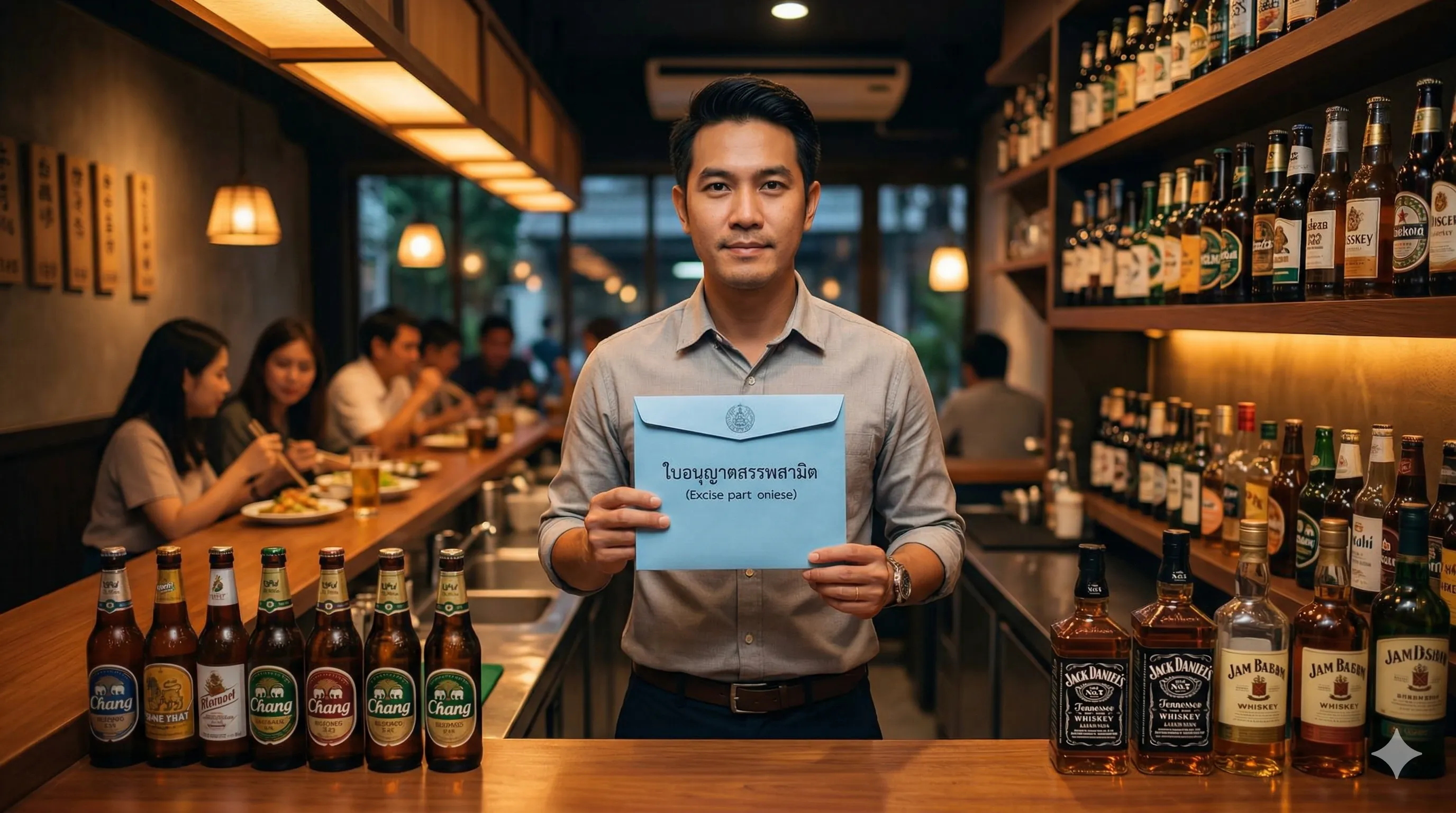 เจ้าของร้านอาหารไทยถือเอกสารใบอนุญาตสรรพสามิตยืนอยู่หลังเคาน์เตอร์บาร์