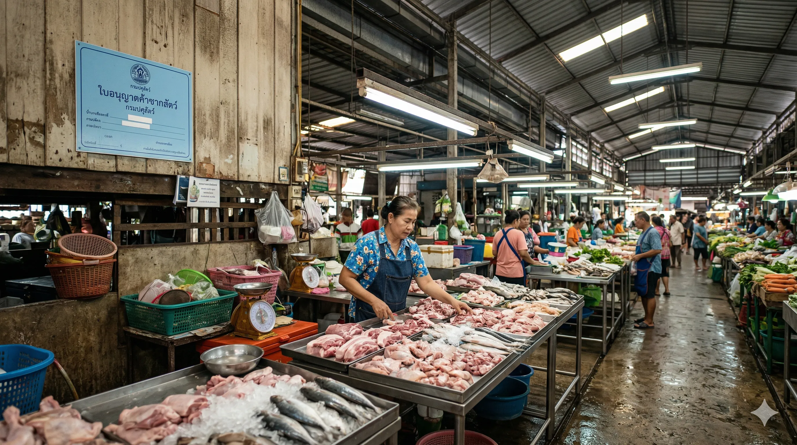 แม่ค้าไทยจัดสินค้าในแผงตลาดสดสดใสพร้อมป้ายใบอนุญาตติดผนัง