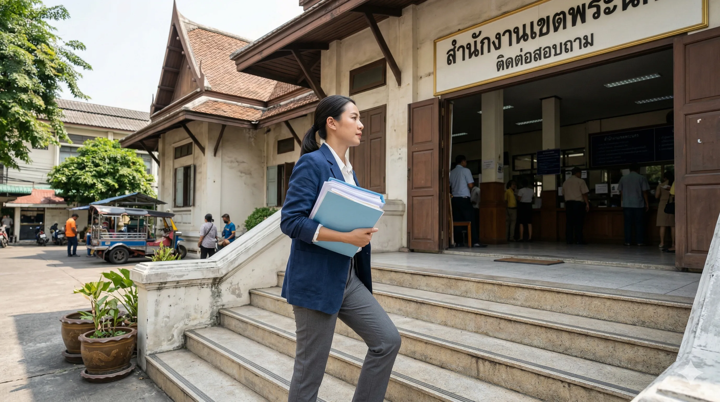 หญิงสาวไทยเดินขึ้นบันไดสำนักงานเขตพร้อมแฟ้มเอกสารขอใบอนุญาตอาหาร