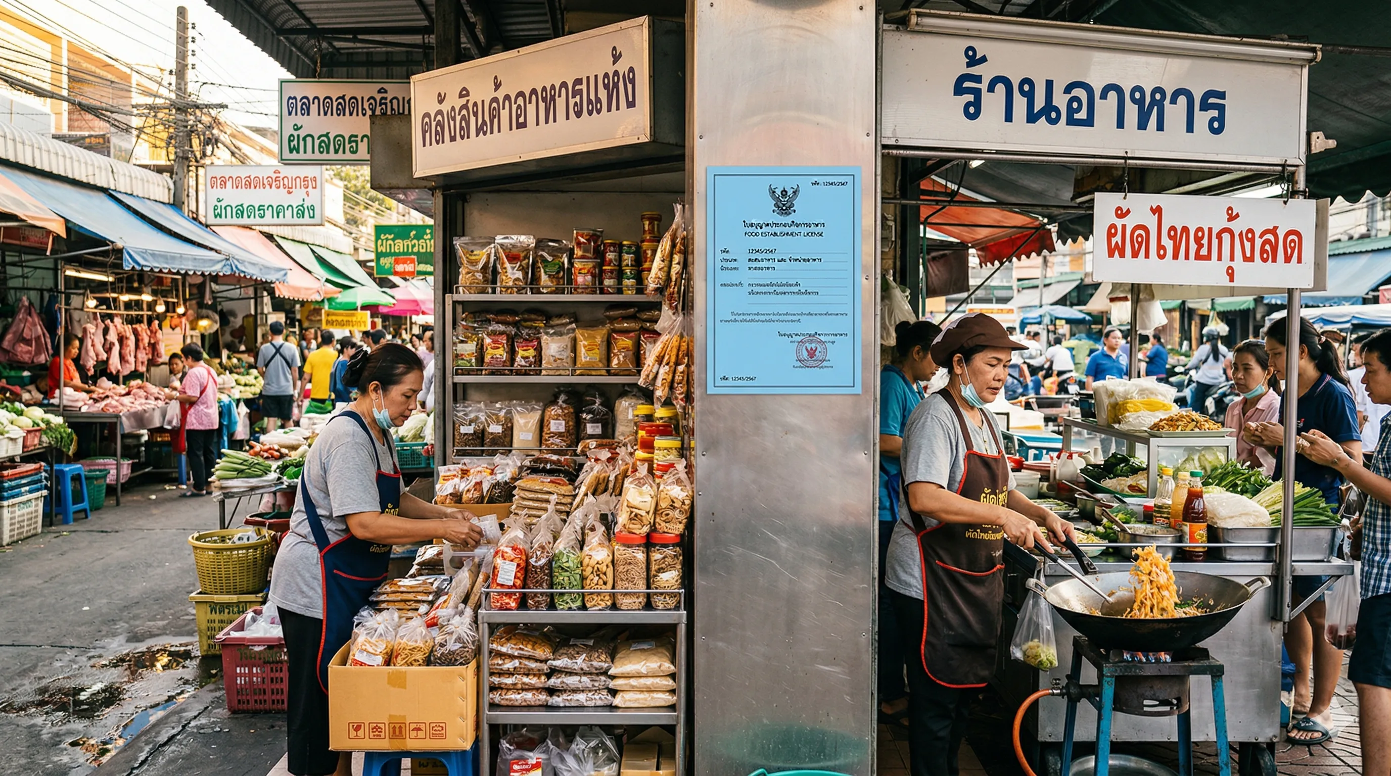 สองแม่ค้าไทยในแผงอาหารคนละประเภทในตลาดสดกรุงเทพฯ