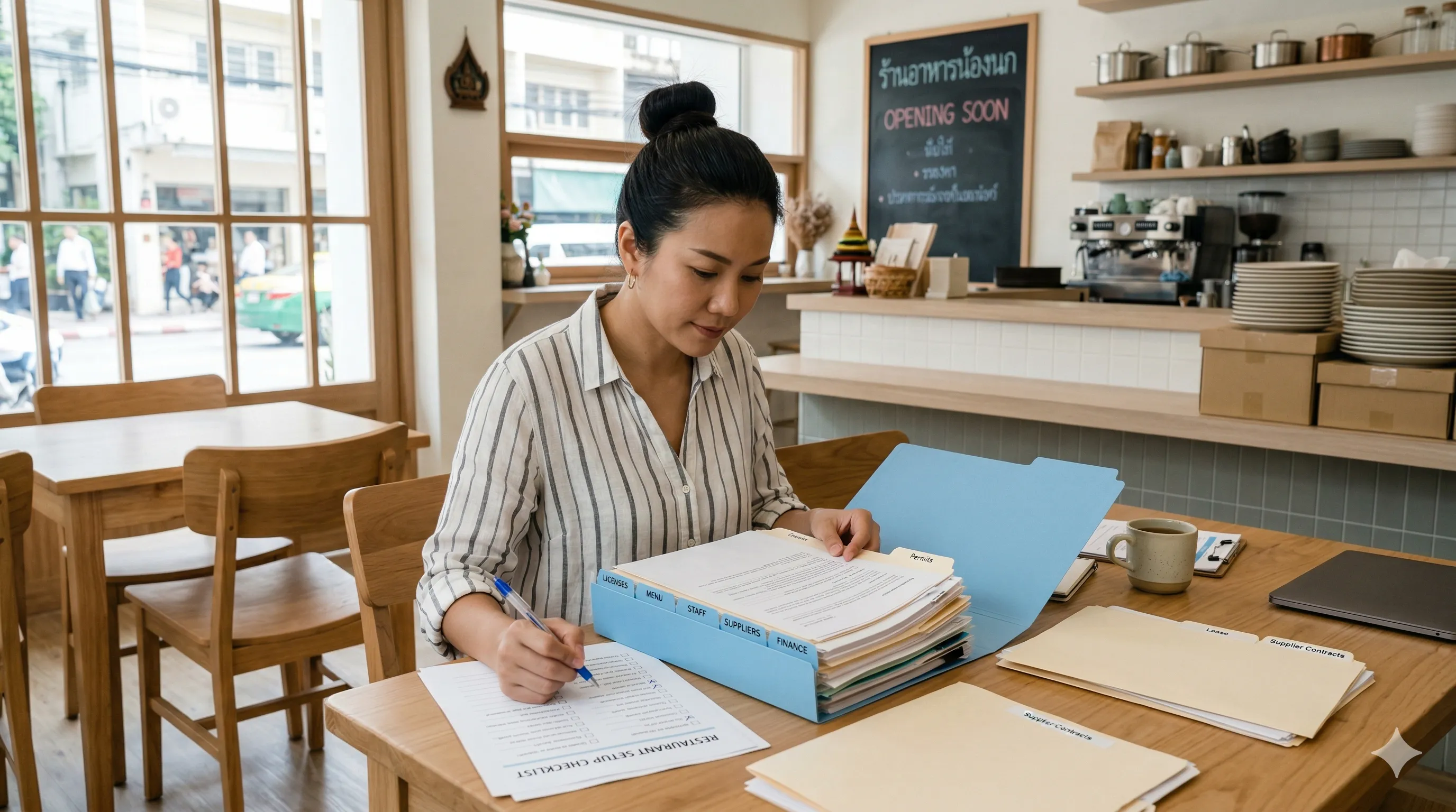 หญิงสาวไทยเรียงเอกสารใส่แฟ้มตามรายการ Checklist บนโต๊ะในร้านอาหาร