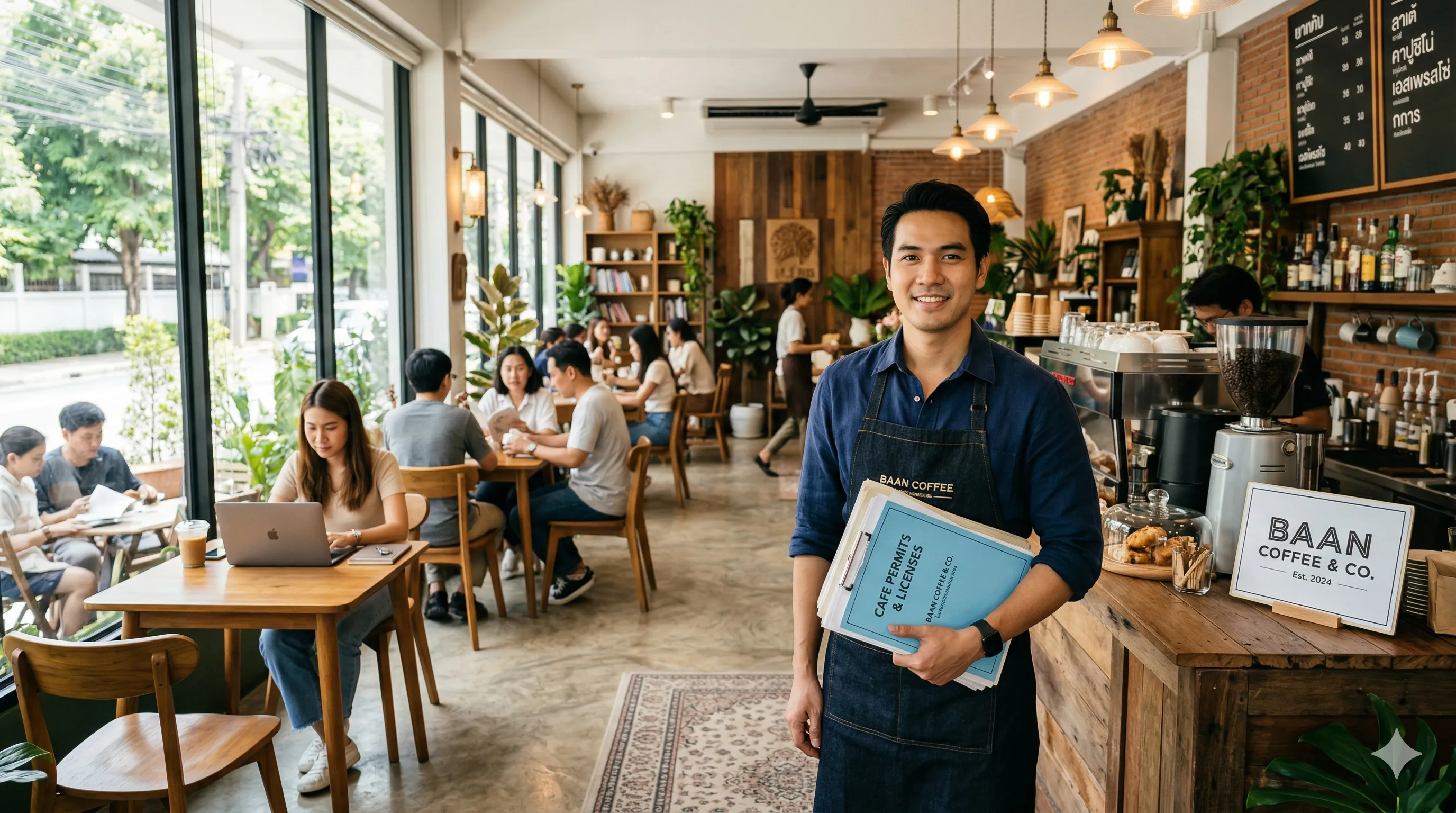 เจ้าของคาเฟ่ชาวไทยยืนในร้านสวยงามถือเอกสารใบอนุญาตพร้อมใบหน้ายิ้มแย้ม