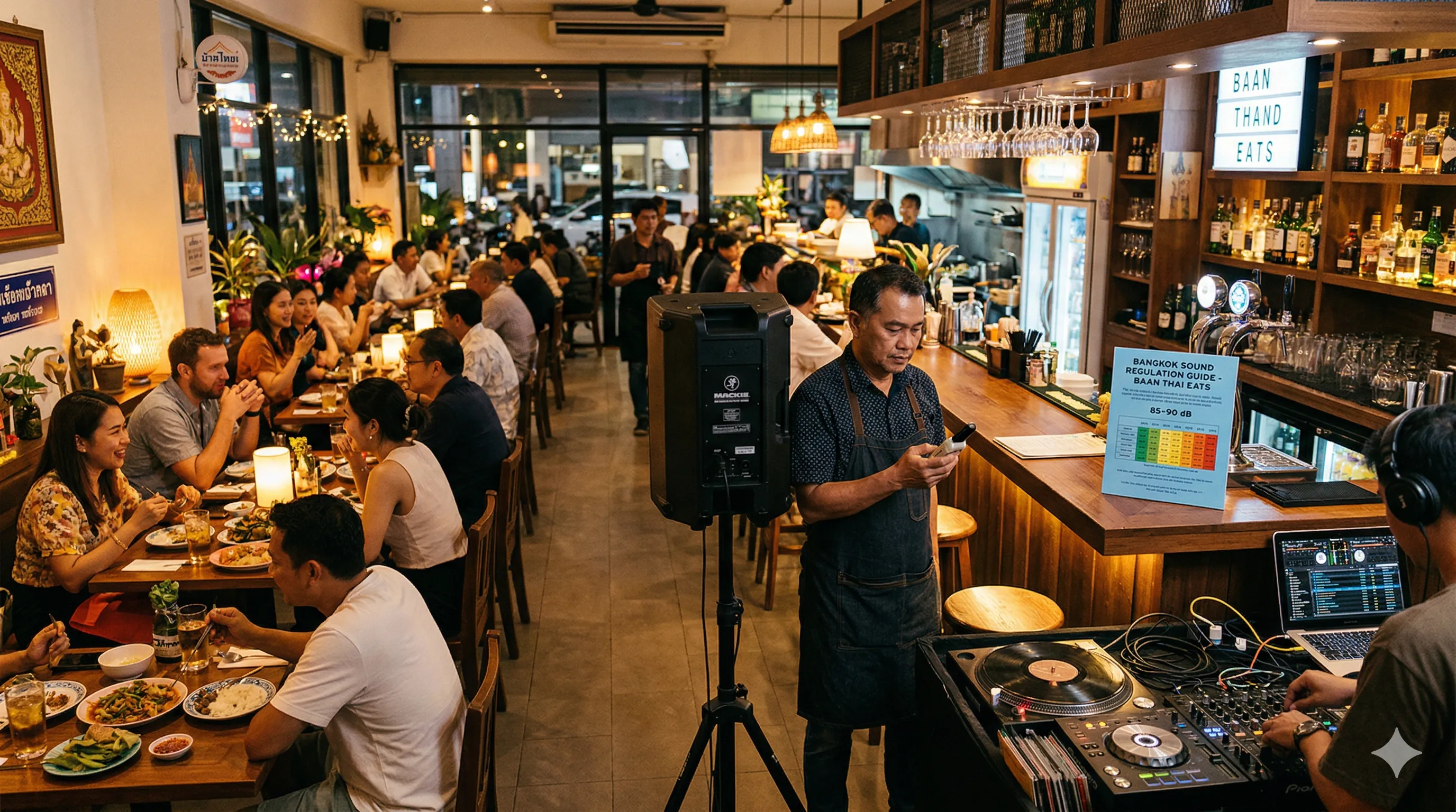 เจ้าของร้านอาหารไทยตรวจสอบระดับเสียงเพลงในร้านช่วงเย็น