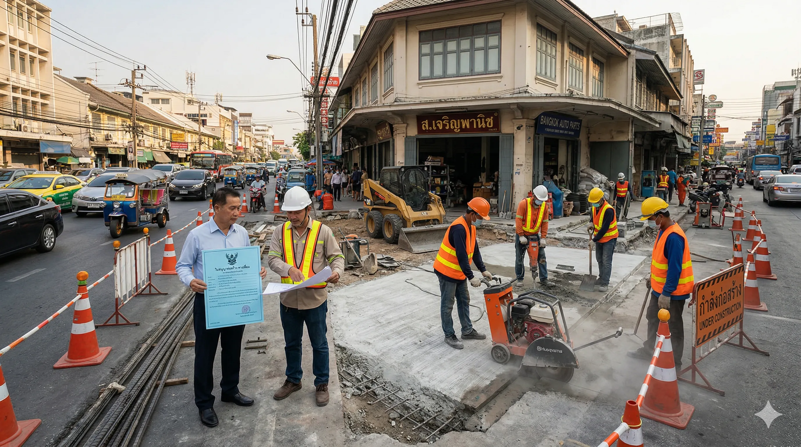 ทีมงานก่อสร้างเชื่อมทางเข้าร้านกับถนนสาธารณะในกรุงเทพฯ