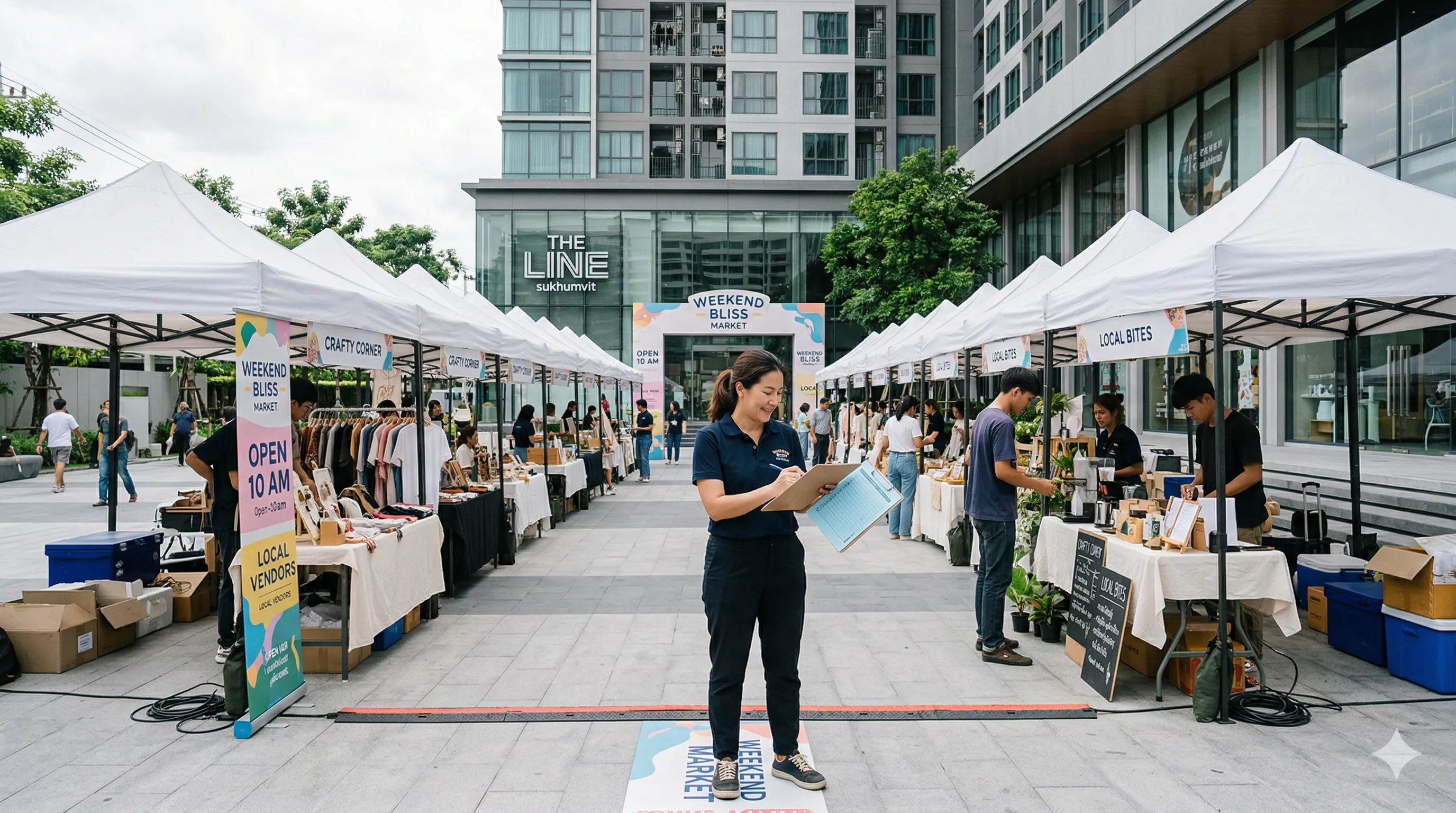 ผู้จัดงานตลาดนัดสาวไทยถือ Checklist ระหว่างการตั้งเต็นท์หน้าโครงการ