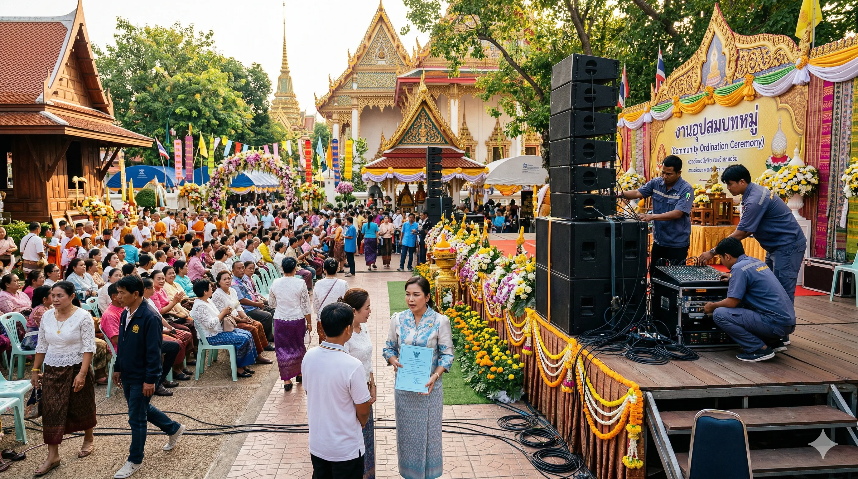 เจ้าหน้าที่ควบคุมระบบเสียงในงานแต่งงานกลางแจ้งในกรุงเทพฯ