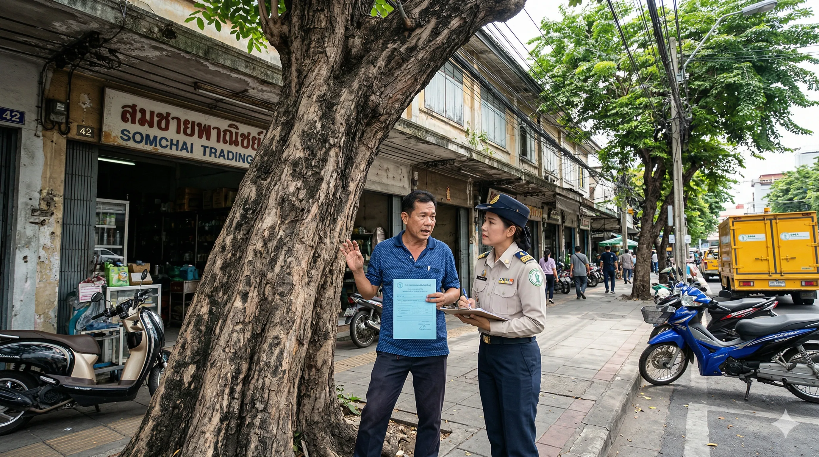 เจ้าของร้านชาวไทยพูดคุยกับเจ้าหน้าที่เรื่องการขอตัดต้นไม้ใหญ่หน้าร้าน