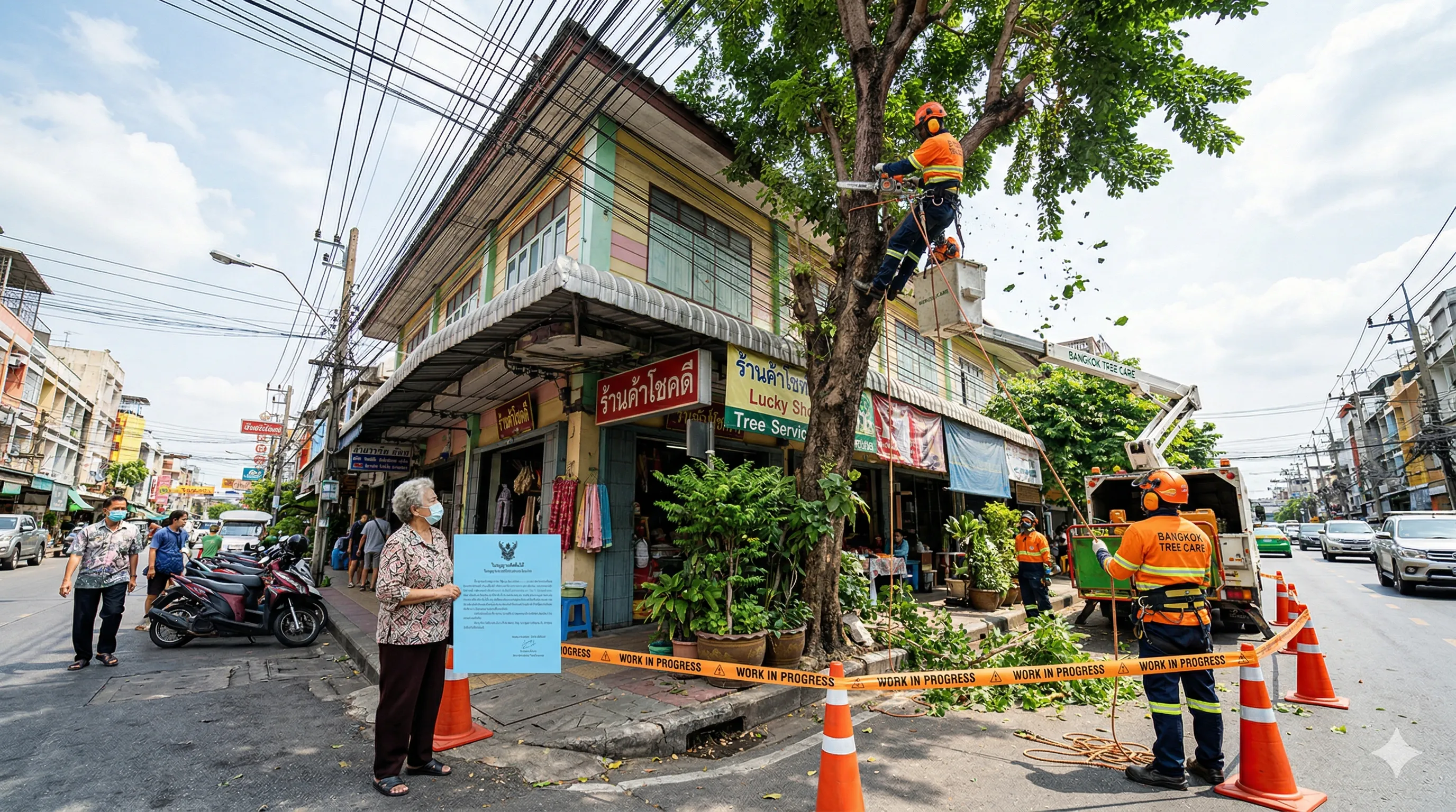 ทีมตัดแต่งต้นไม้ทำงานในกรุงเทพฯ ขณะเจ้าของทรัพย์สินถือใบอนุญาต