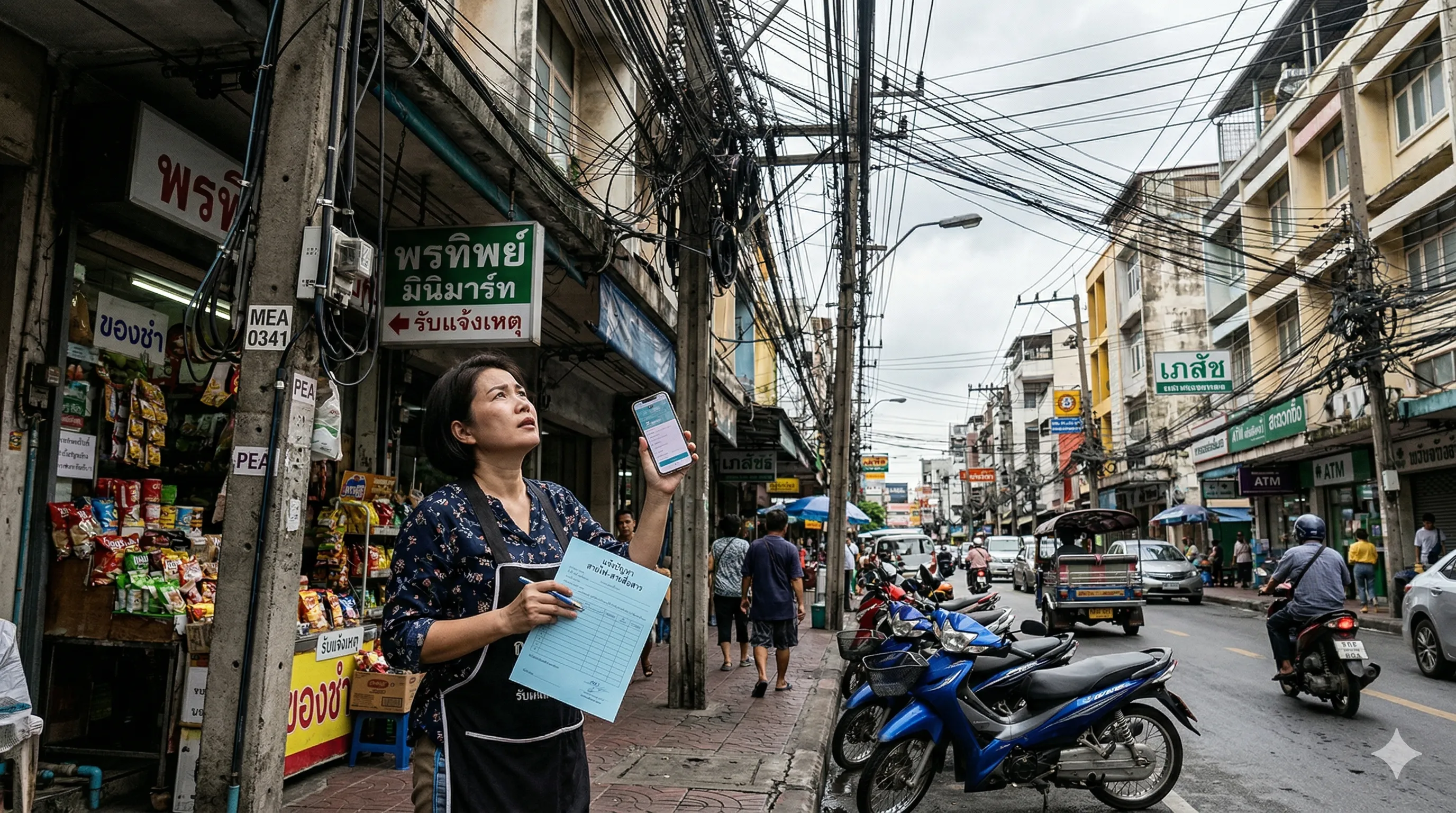 เจ้าของร้านหญิงไทยมองสายไฟสายสื่อสารรกรุงรังบนถนนในกรุงเทพฯ