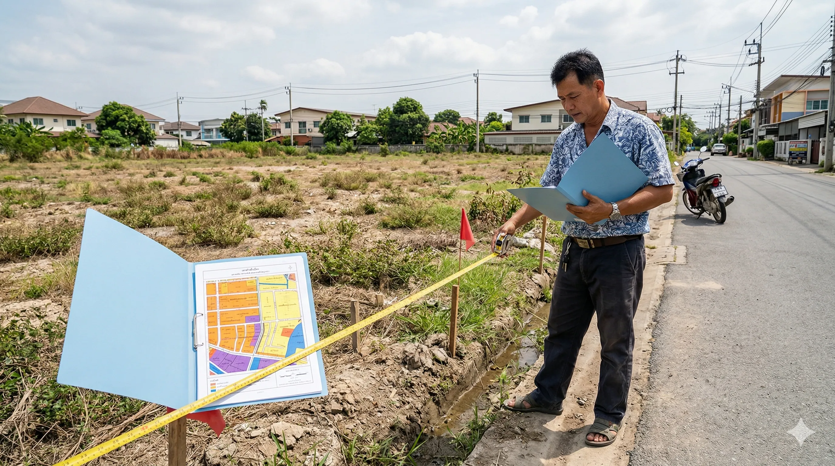 เจ้าของที่ดินชาวไทยวัดระยะร่นจากถนนในพื้นที่ดินว่างเปล่าชานกรุงเทพฯ